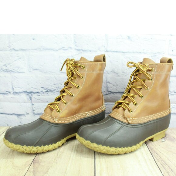 LL Bean Brown Leather 8" Lace Up Round Toe Unlined Ankle Duck Boots Size 7 Wide - Picture 2 of 10